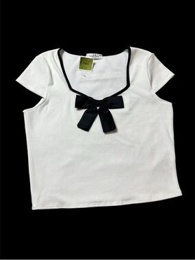 Juniors Rebellious Dreamer White Black Bow Cap Sleeve Top XL